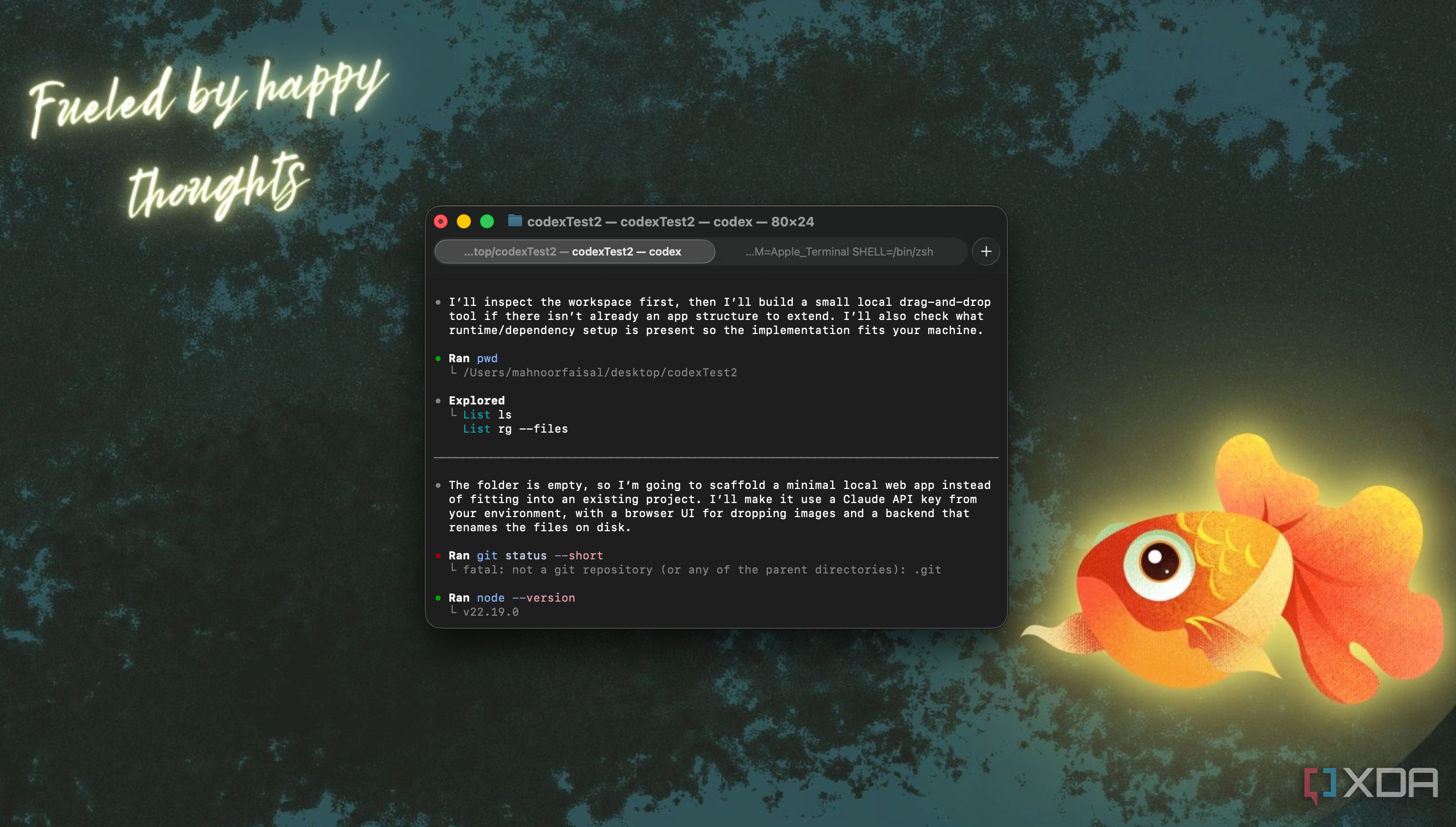 terminal window displaying code setup instructions with fueled by happy thoughts text and glowing goldfish illustration on teal background