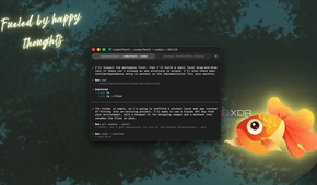 terminal window displaying code setup instructions with fueled by happy thoughts text and glowing goldfish illustration on teal background