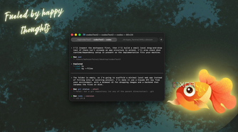 terminal window displaying code setup instructions with fueled by happy thoughts text and glowing goldfish illustration on teal background