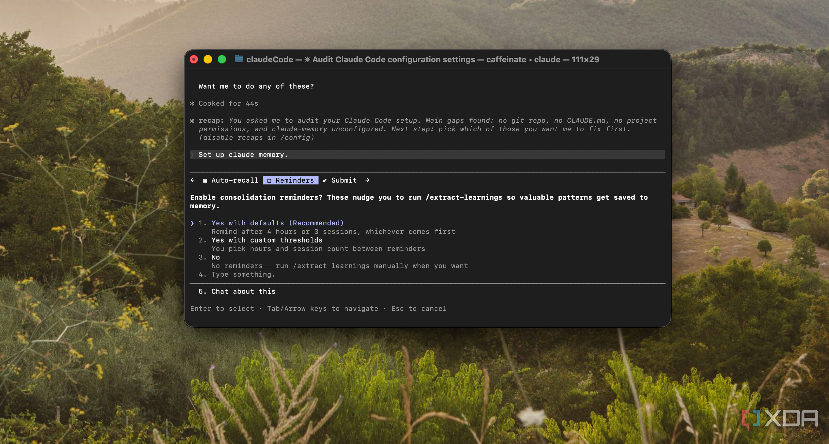 terminal window showing claude code configuration settings on mac with forest landscape background (1)