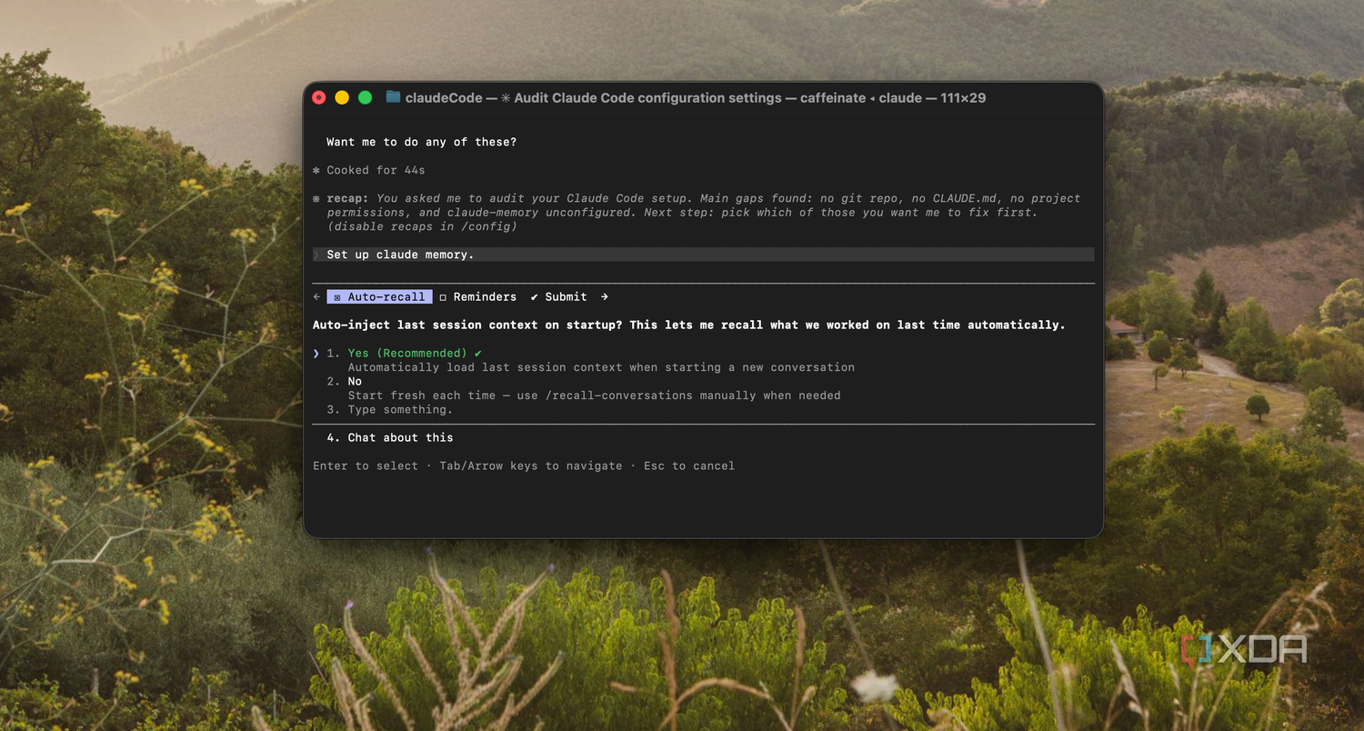 terminal window showing claude code configuration settings on mac with forest landscape background