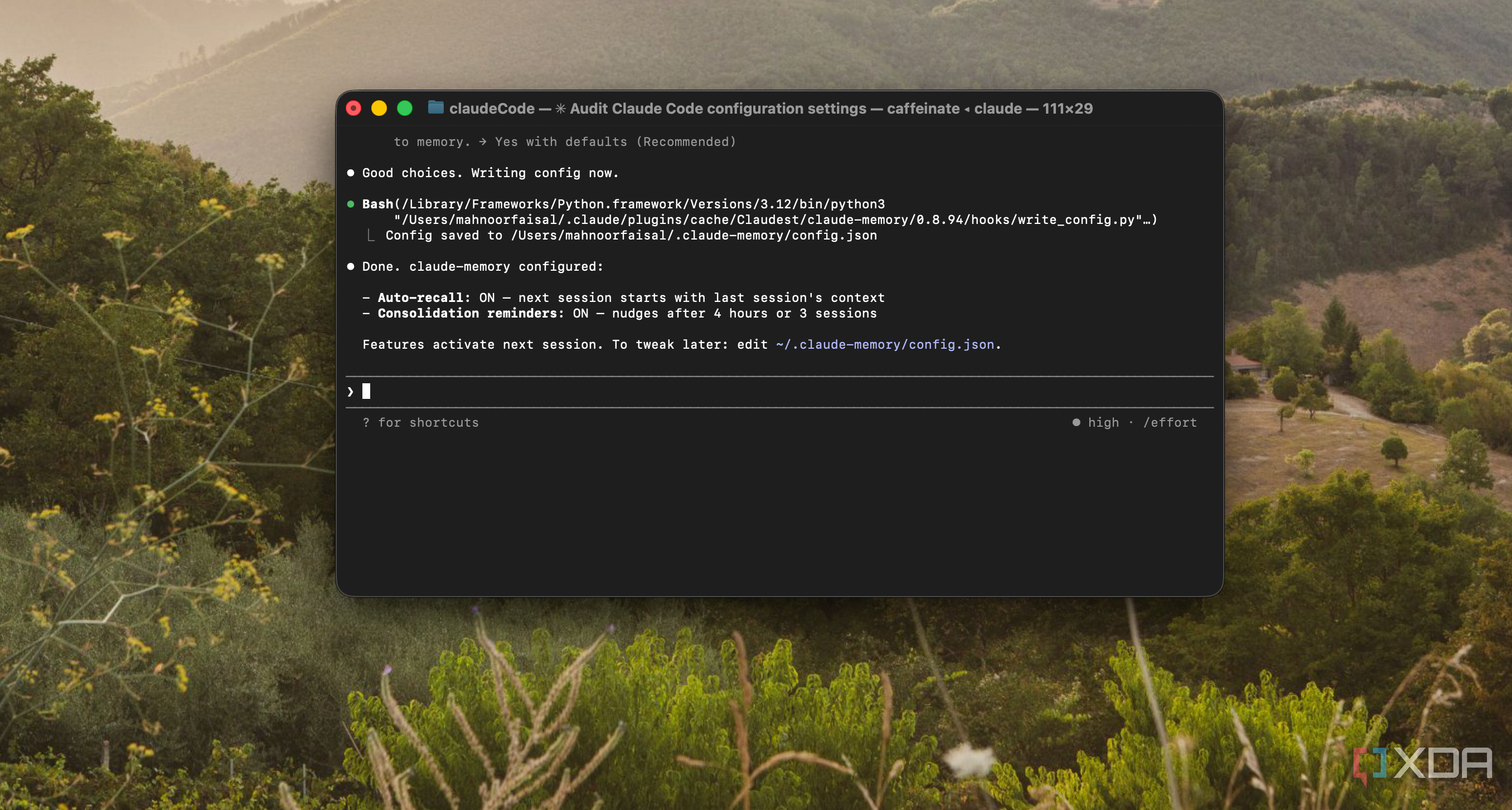 terminal window showing claude code configuration settings on macos with forest landscape background