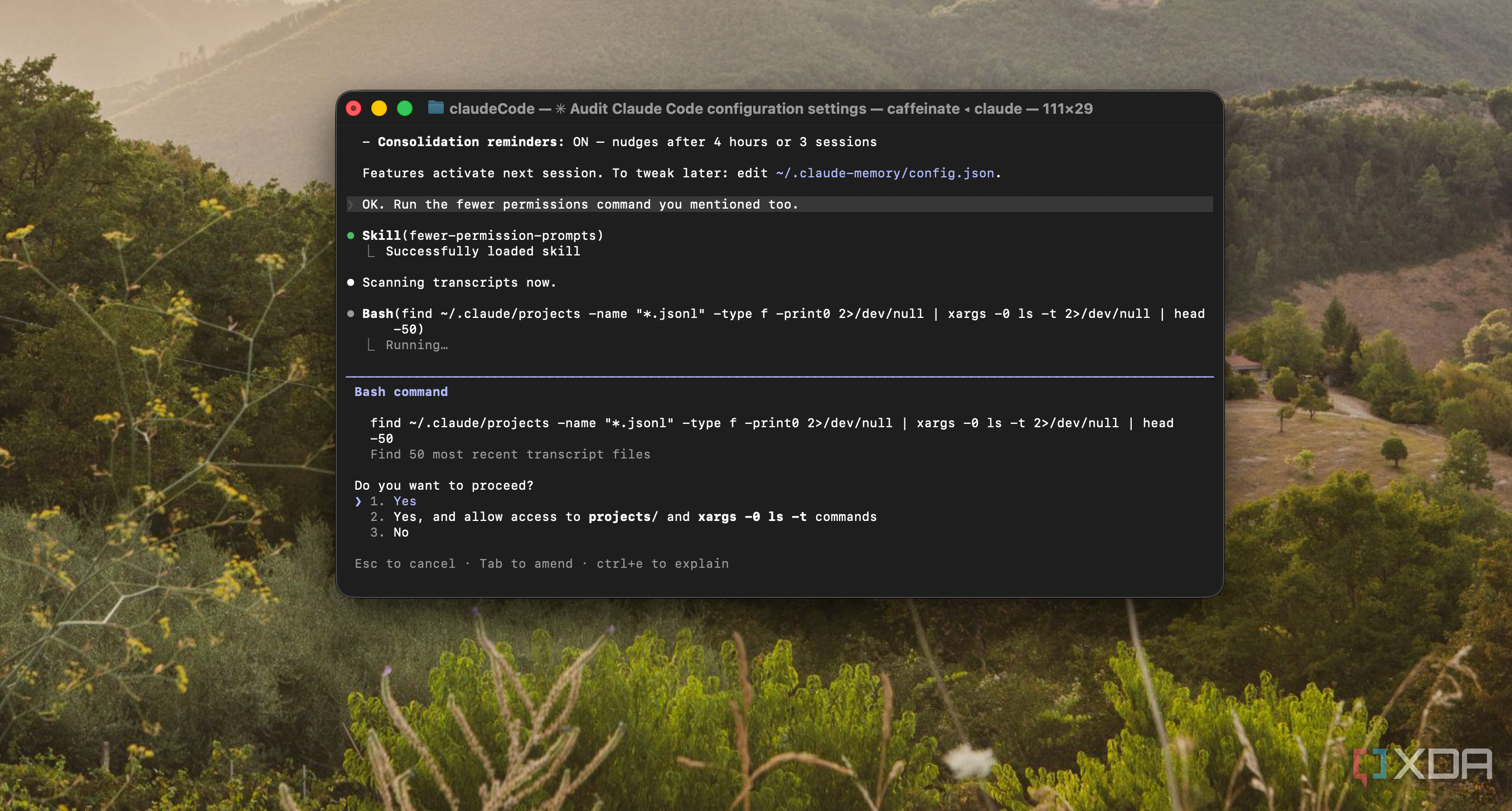 terminal window showing claude code configuration settings on macos with landscape background
