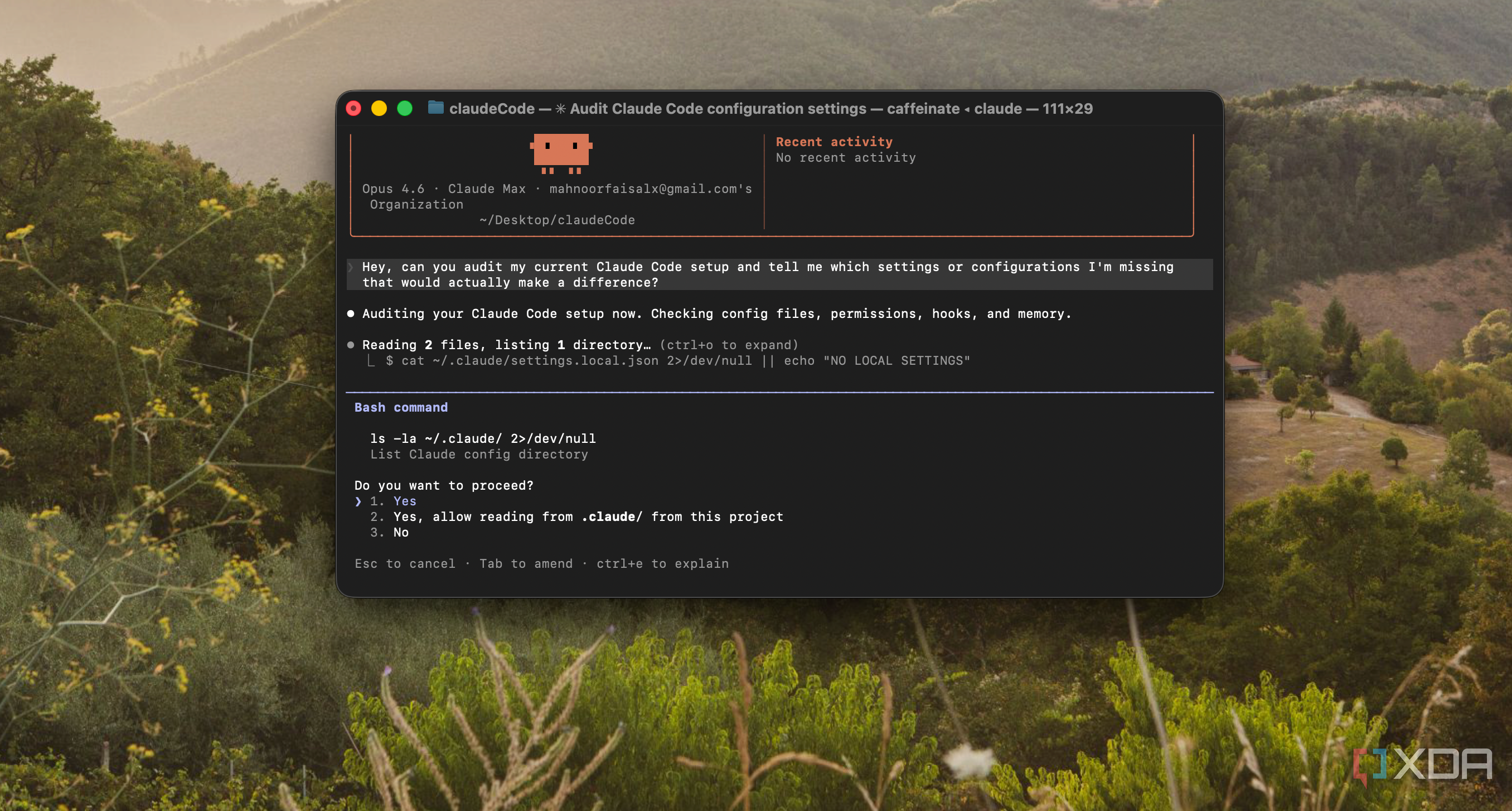terminal window showing claude code configuration settings on macos with mountain landscape background