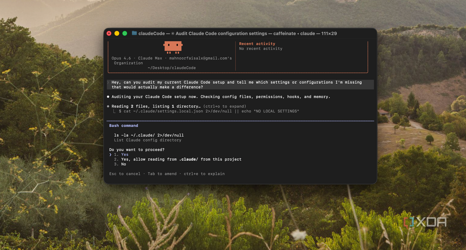 terminal window showing claude code configuration settings on macos with mountain landscape background