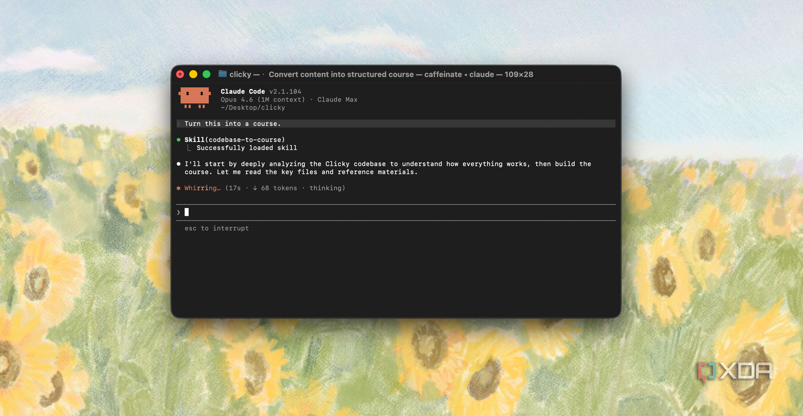 terminal window showing the Claude code editor with structured course content on a Mac desktop with sunflower background