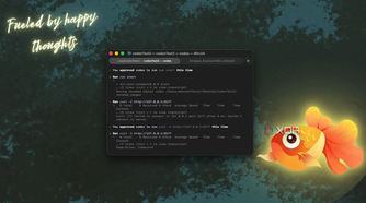 terminal window showing code editor with approved code snippets and a glowing orange fish illustration on teal textured background with fueled by happy thoughts text