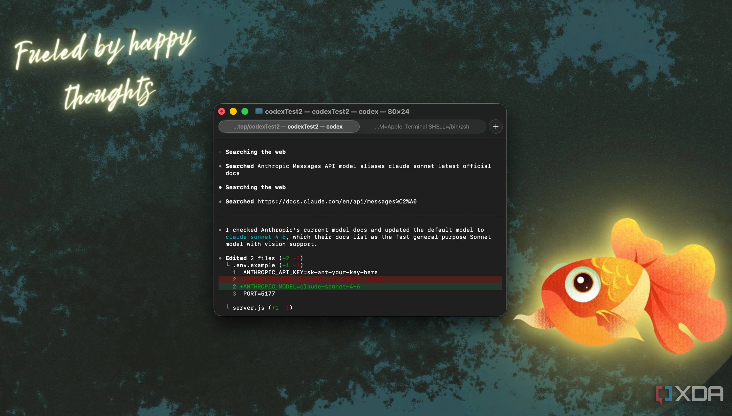 terminal window showing code editor with javascript on dark textured background and glowing orange fish illustration on right side