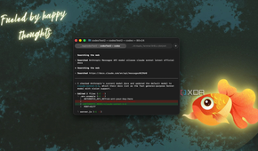 terminal window showing code editor with javascript on dark textured background and glowing orange fish illustration on right side