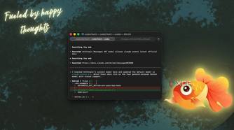 terminal window showing code editor with javascript on dark textured background and glowing orange fish illustration on right side