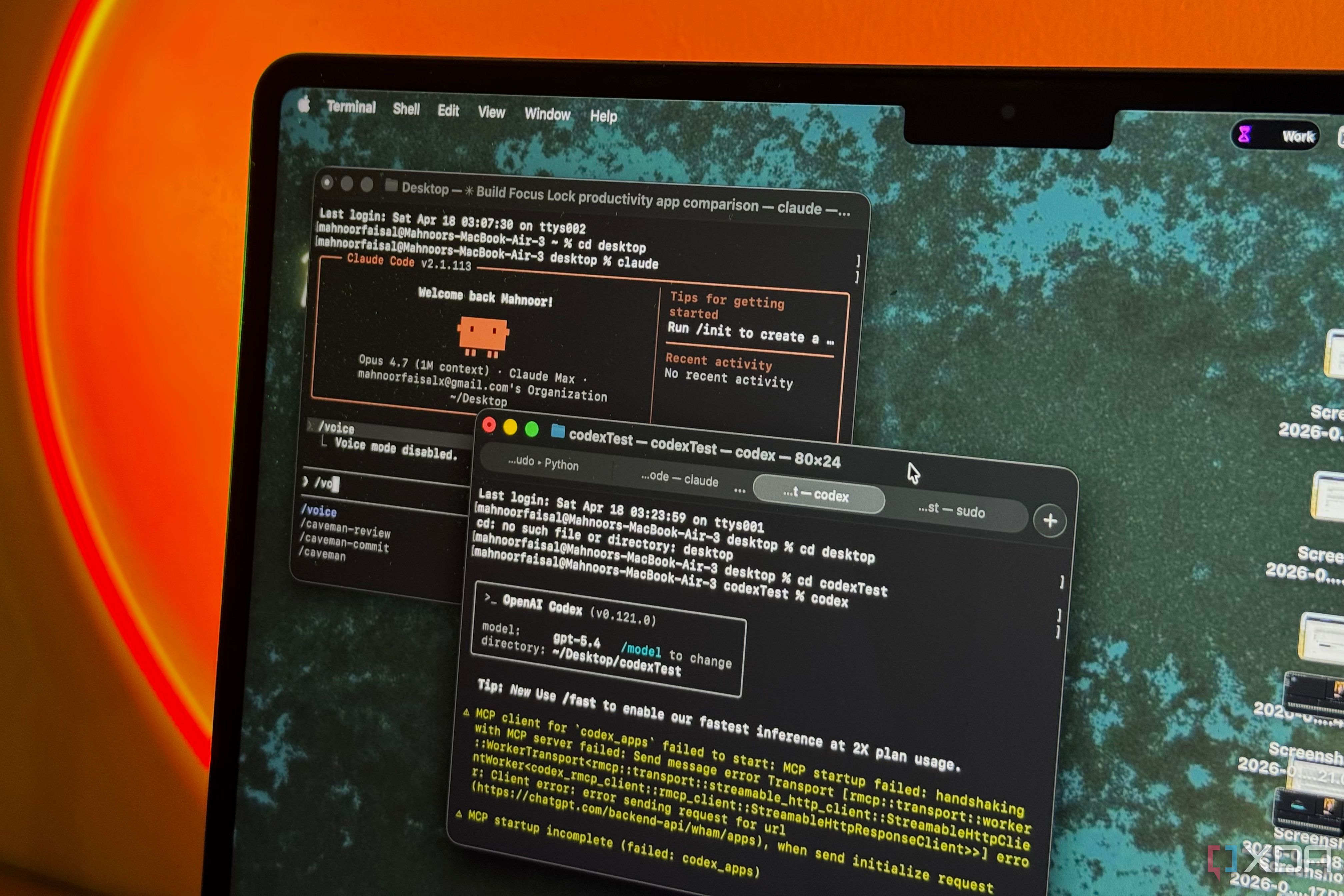 terminal window with code and build output on a dark monitor with neon orange lighting
