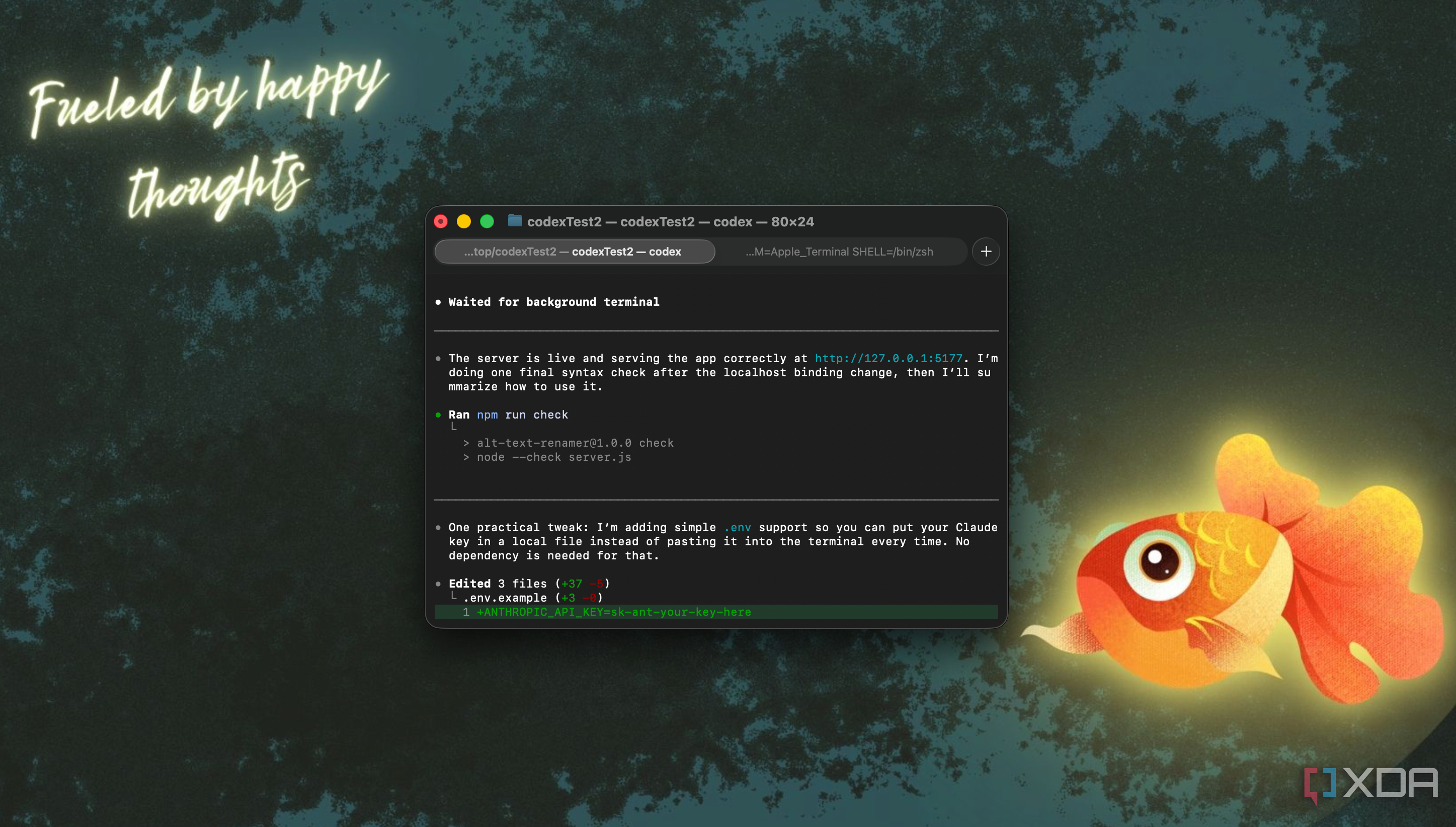 terminal window with code editor displaying javascript and a glowing orange fish illustration on the right side with text fueled by happy thoughts in upper left corner