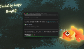 terminal window with code editor displaying javascript and a glowing orange fish illustration on the right side with text fueled by happy thoughts in upper left corner