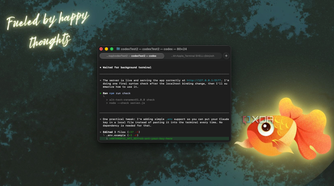 terminal window with code editor displaying javascript and a glowing orange fish illustration on the right side with text fueled by happy thoughts in upper left corner