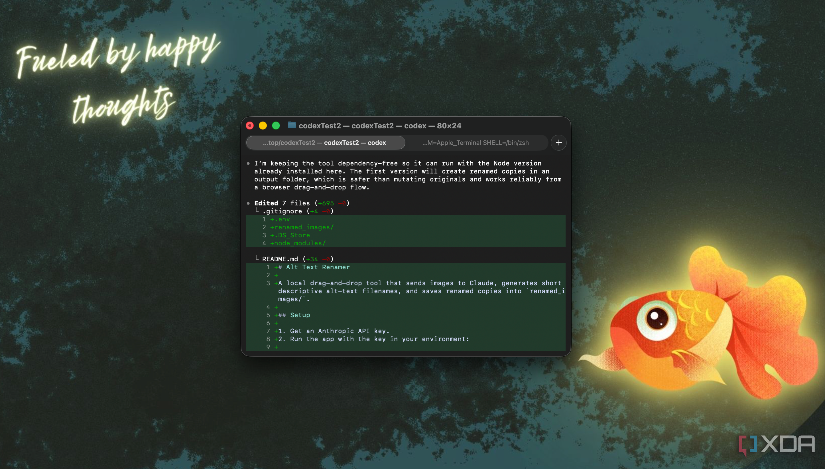 terminal window with code text displayed on textured teal background with glowing orange goldfish illustration and fueled by happy thoughts text overlay