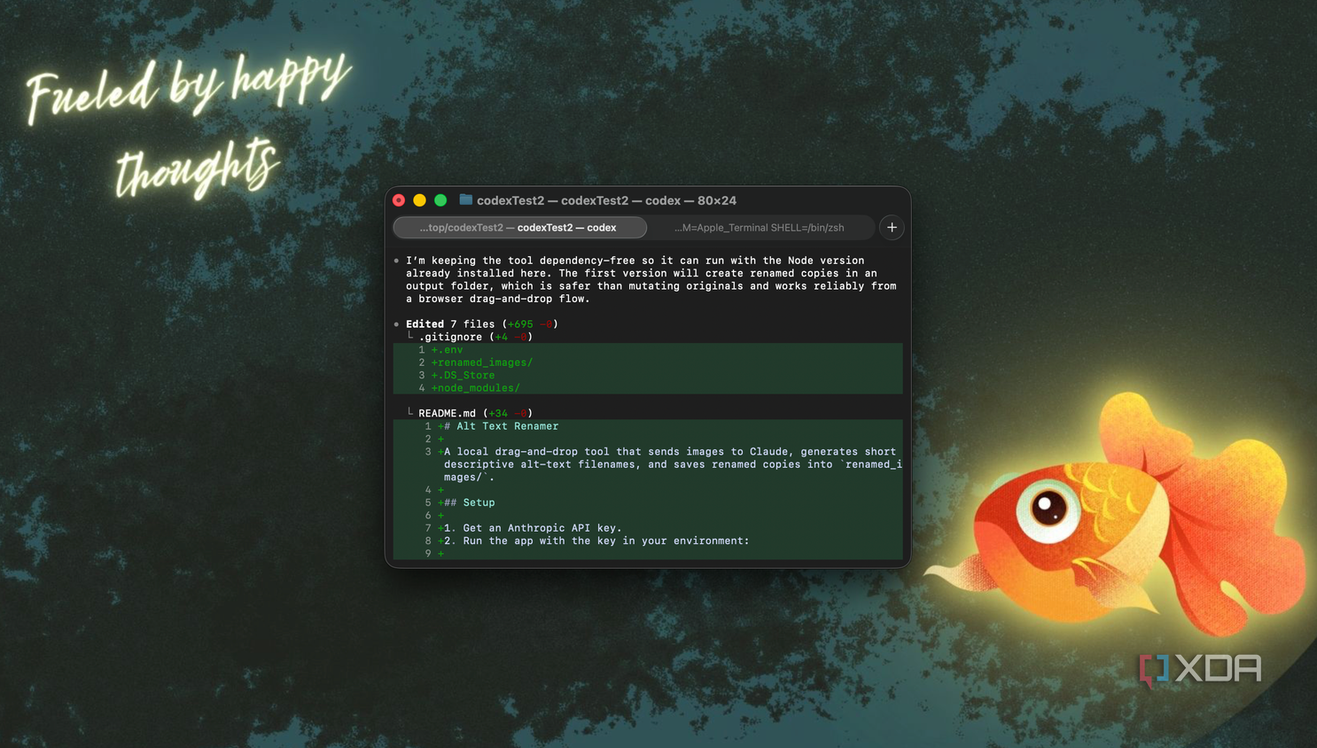 terminal window with code text displayed on textured teal background with glowing orange goldfish illustration and fueled by happy thoughts text overlay