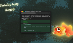 terminal window with code text displayed on textured teal background with glowing orange goldfish illustration and fueled by happy thoughts text overlay