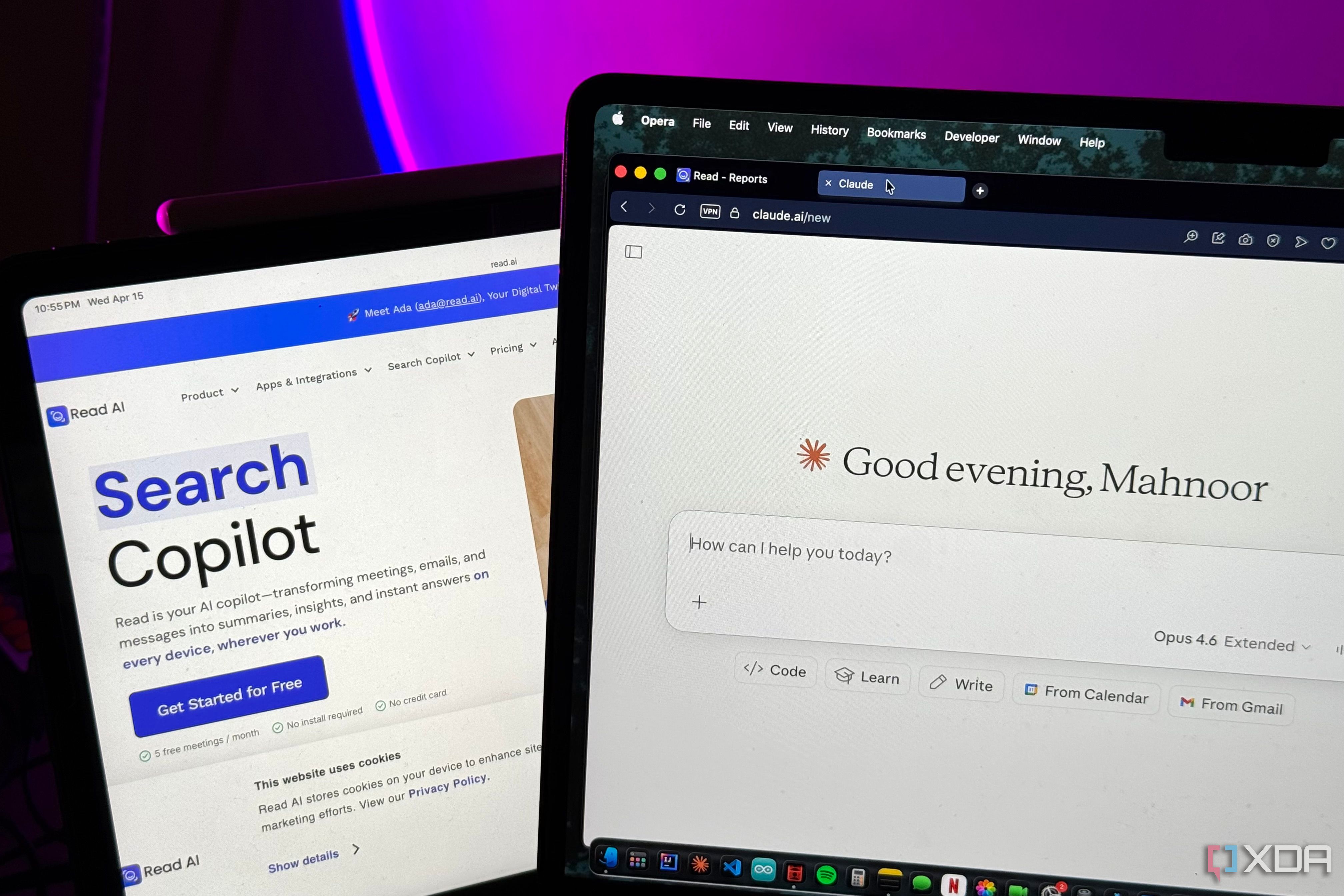 two laptop screens displaying ai assistant interfaces with search copilot on left and good evening mahnoor greeting on right with purple neon lighting in background