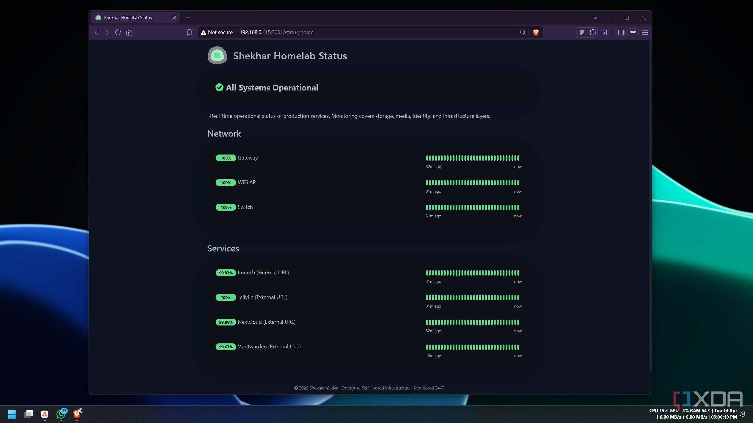 Uptime Kuma status page showing monitored homelab services on the main server