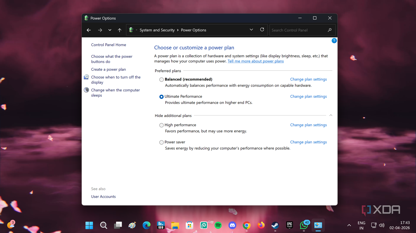 Power options in the Windows 11 control panel.