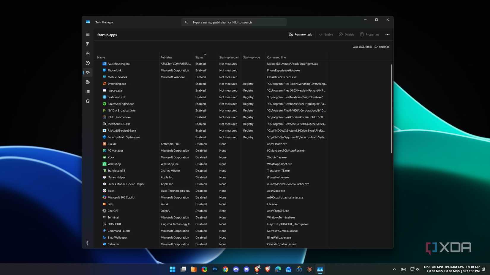 Task Manager showing disabled startup apps in Windows 11
