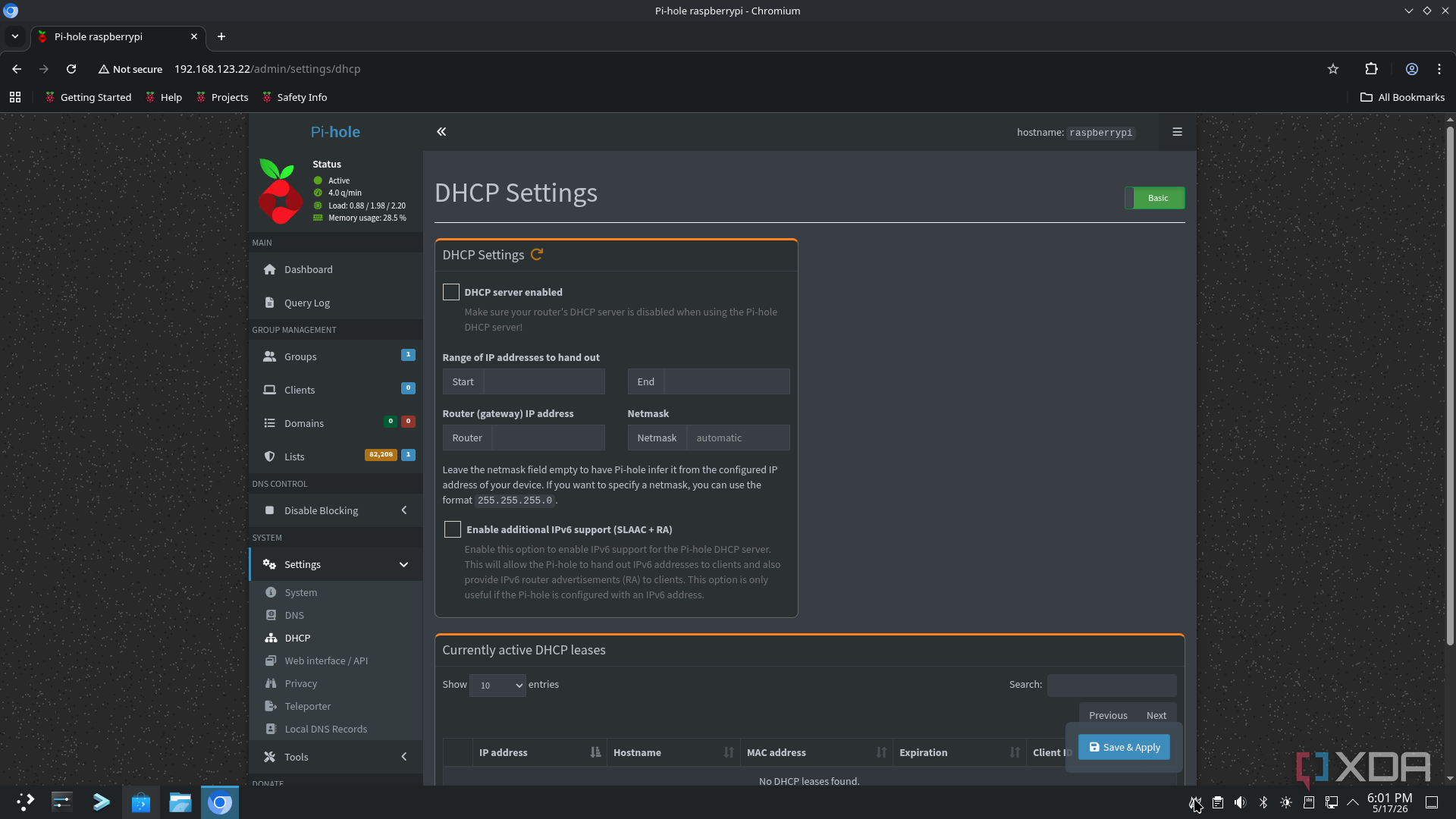 Pi-hole DNS filtering settings DHCP