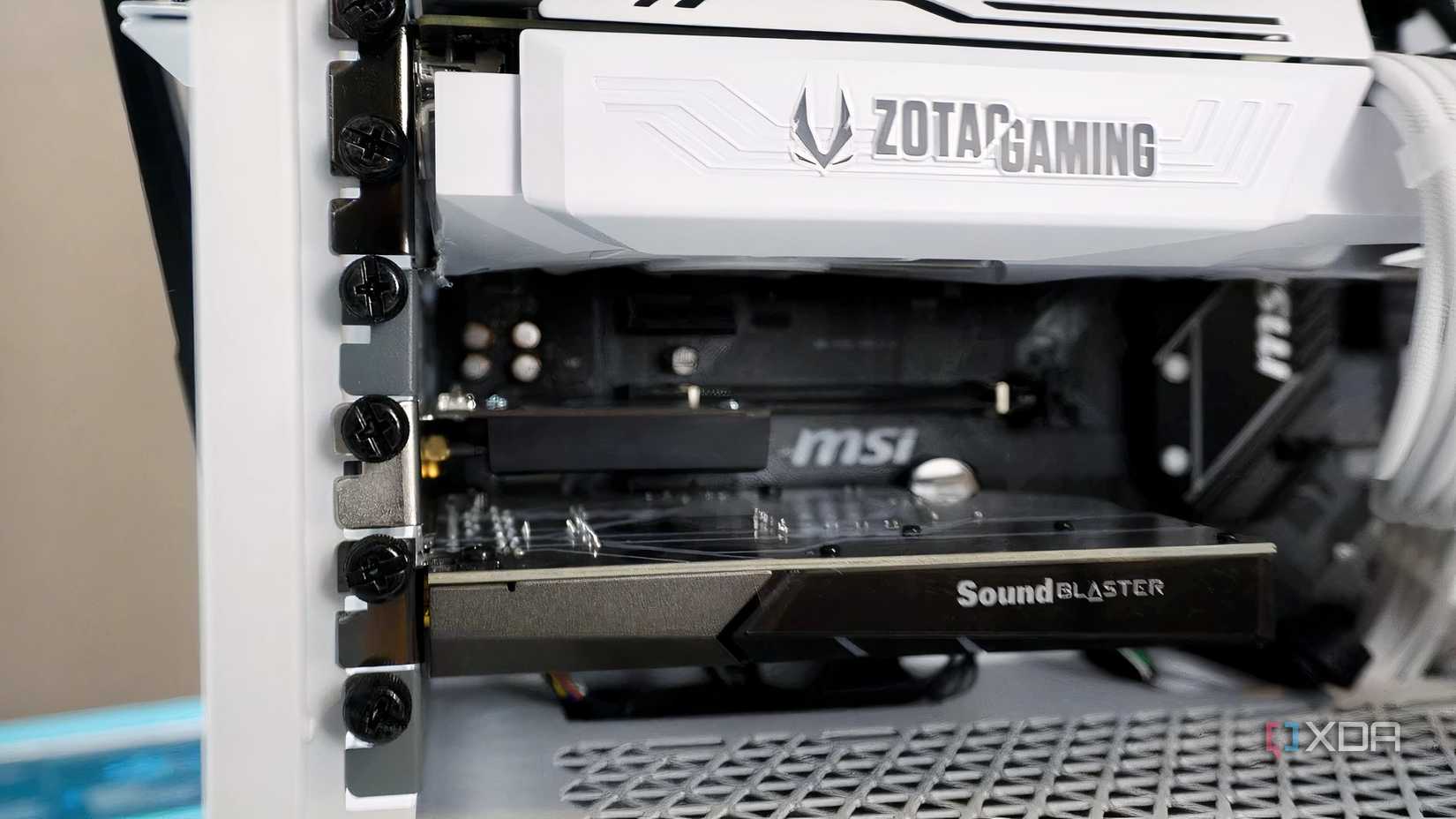 PC showing a Sound Blaster PCIe sound card installed on an MSI motherboard