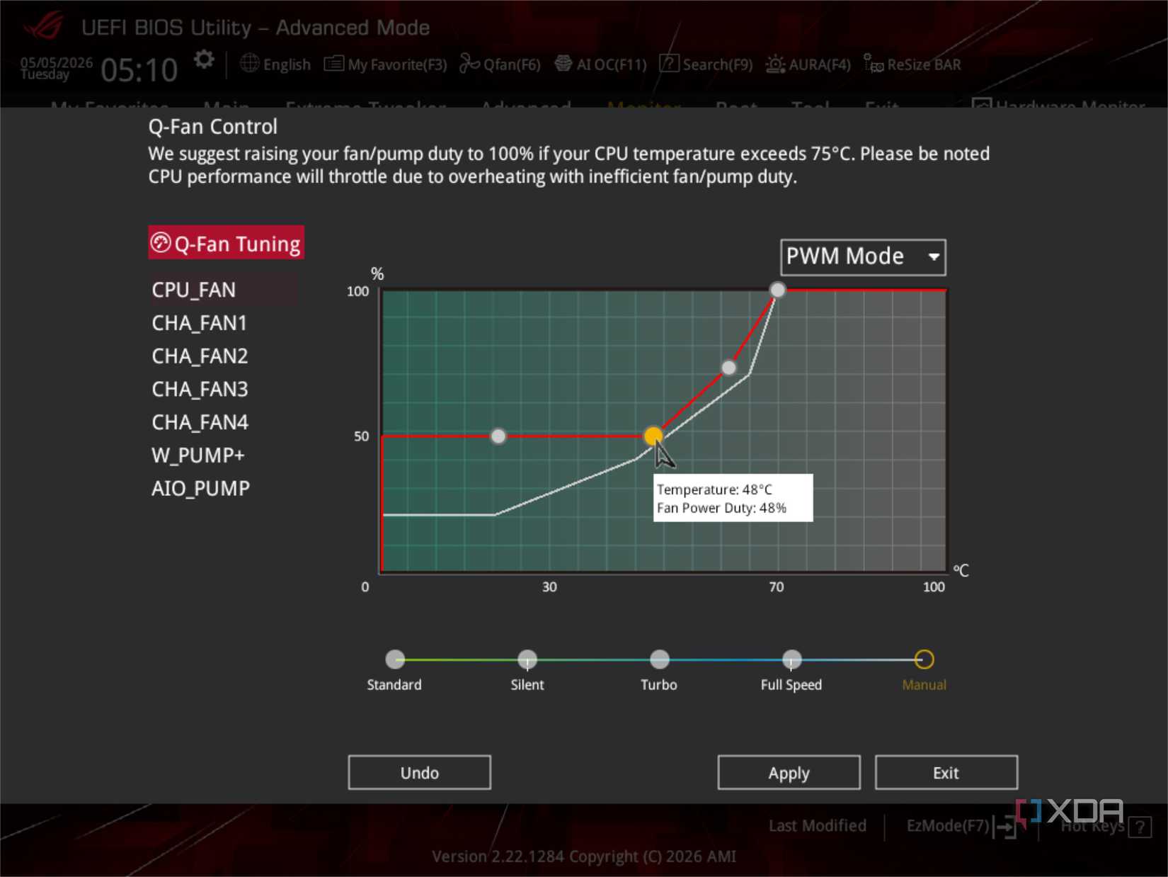 asus bios fan control with a custom curve enabled