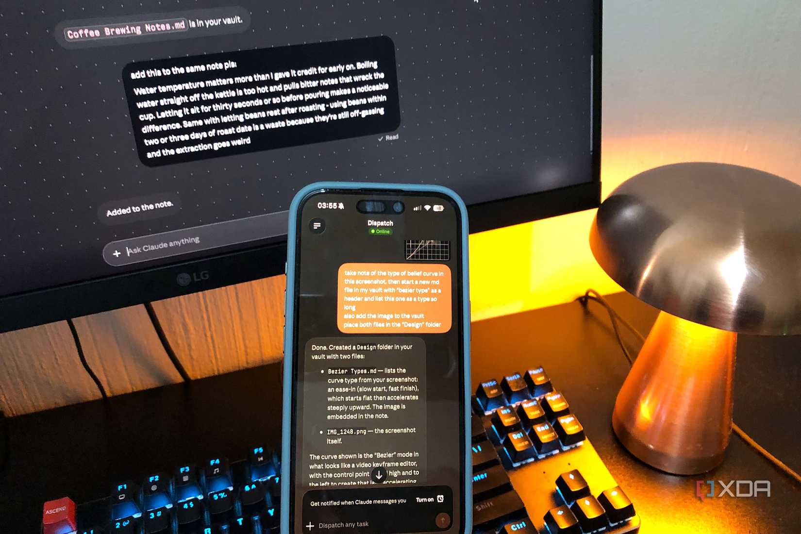 claude dispatch on desktop and mobile, lamp and keyboard in view