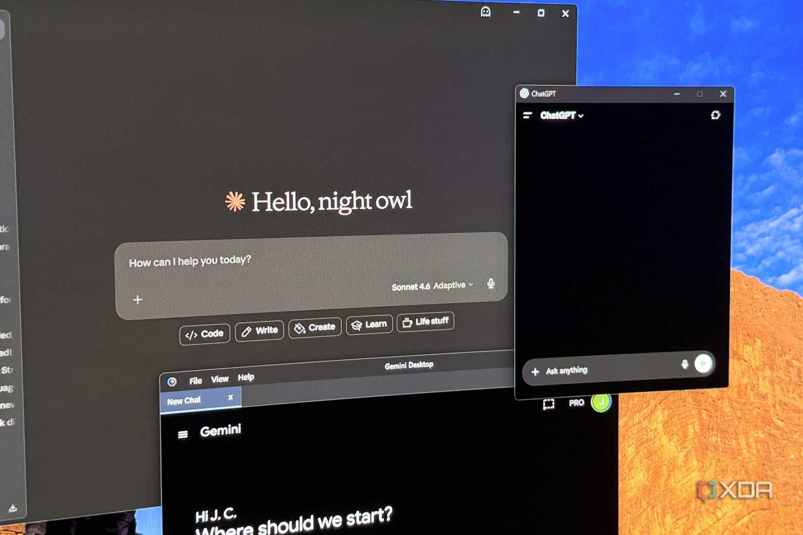 desktop applications for claude, gemini and chatgpt open in a cluster