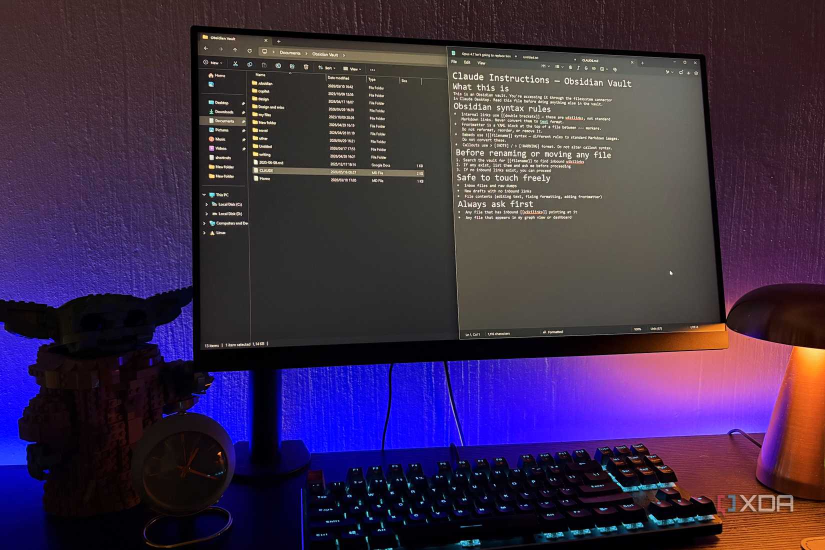 Claude md file in obsidian vault on desktop pc, lego and lamp in view
