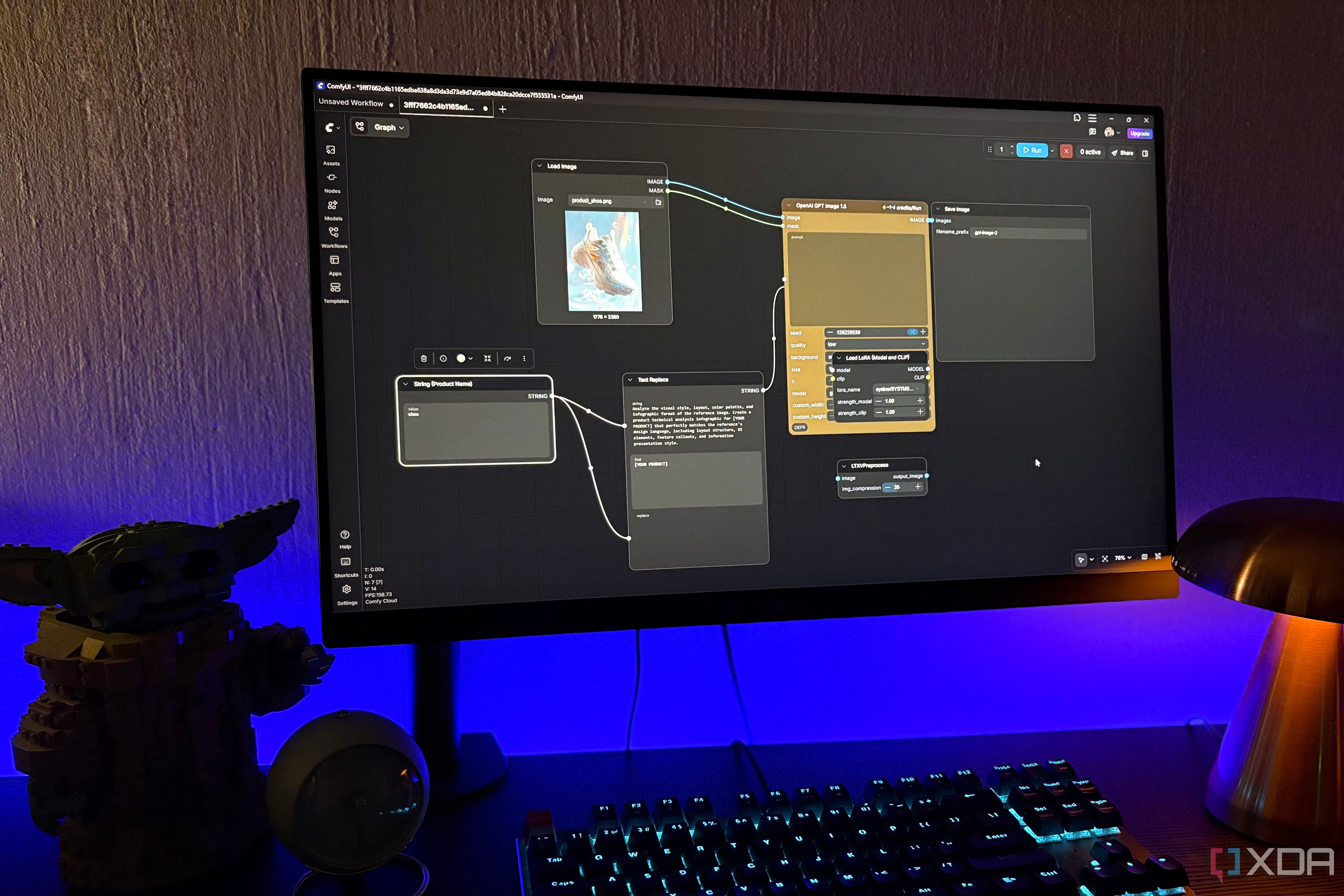 comfyui on desktop pc lego and lamp in view