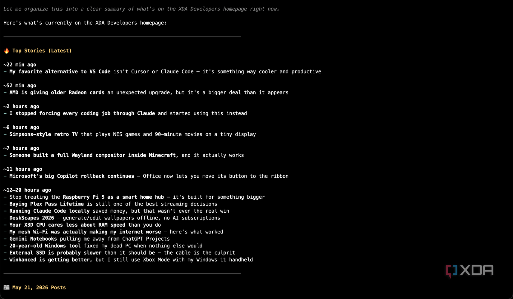 Crawl4AI in Pi showing a summary of the XDA home page