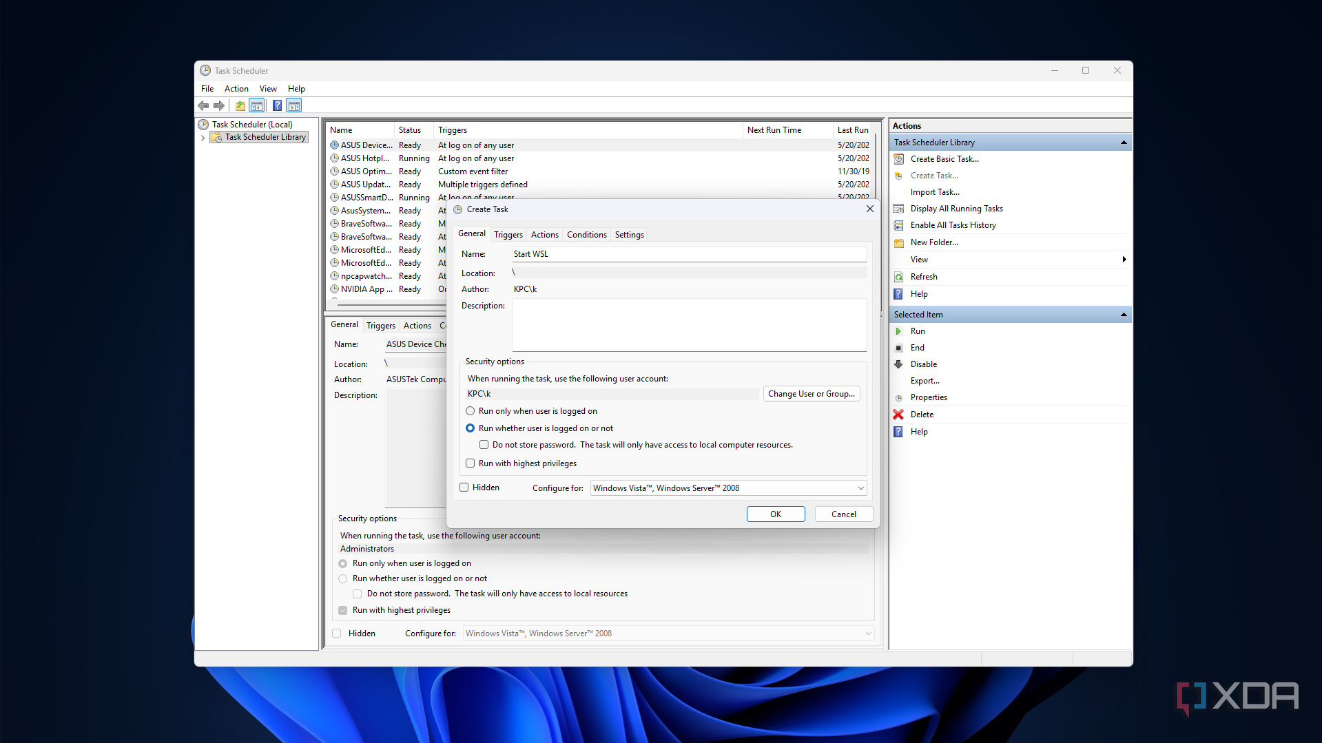 Creating a new task in Windows Task Scheduler