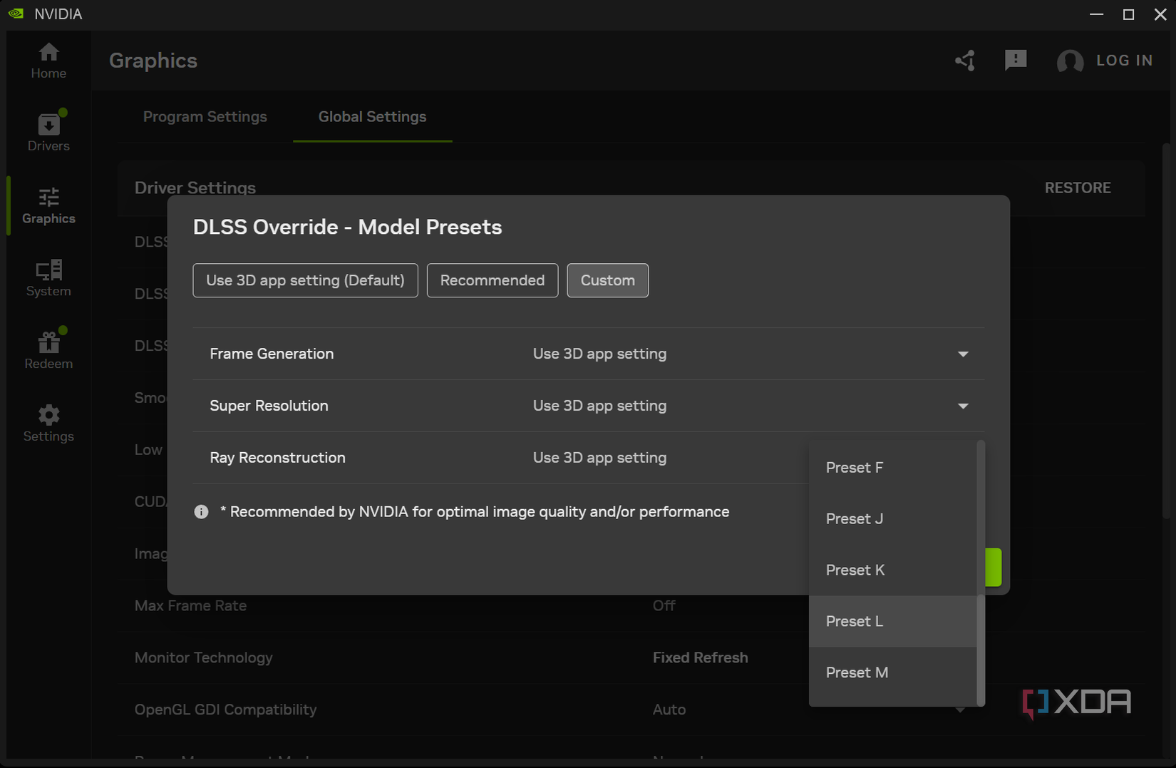 DLSS override setting in Nvidia software