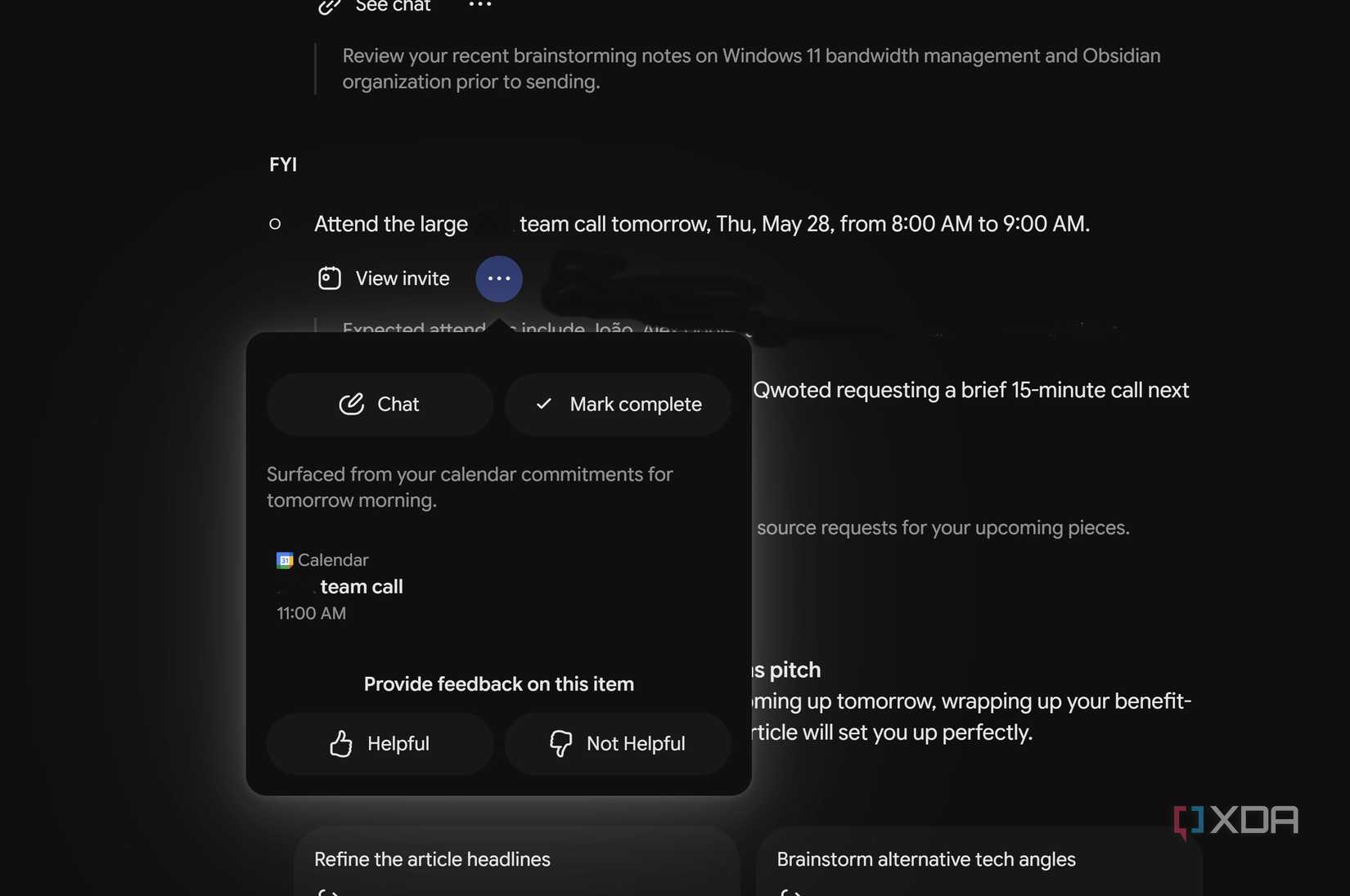 Gemini Daily Brief showing options to go to Chat ir Mark complete