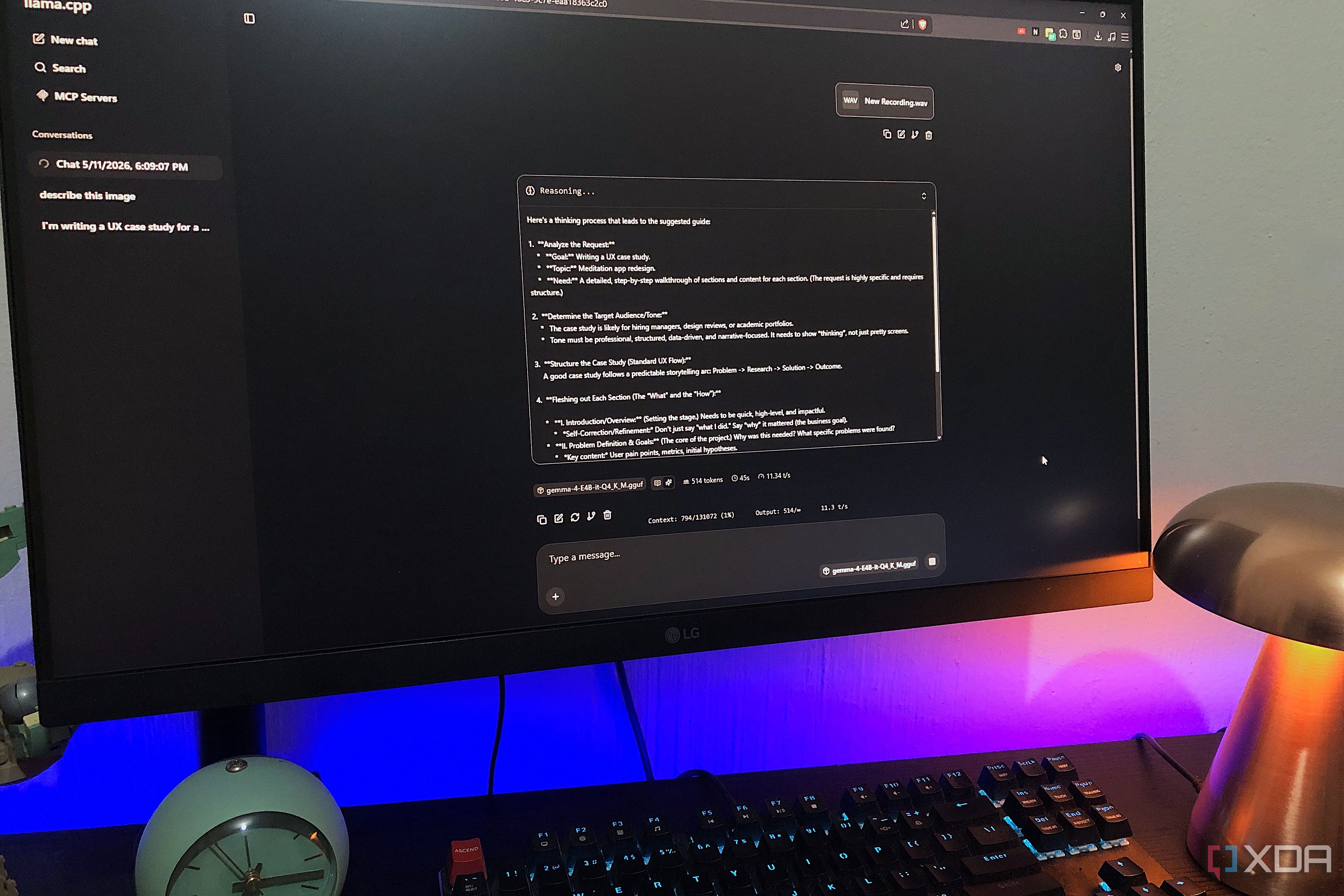 On desktop, gemma 4, clock and lamp appear in llama.cpp