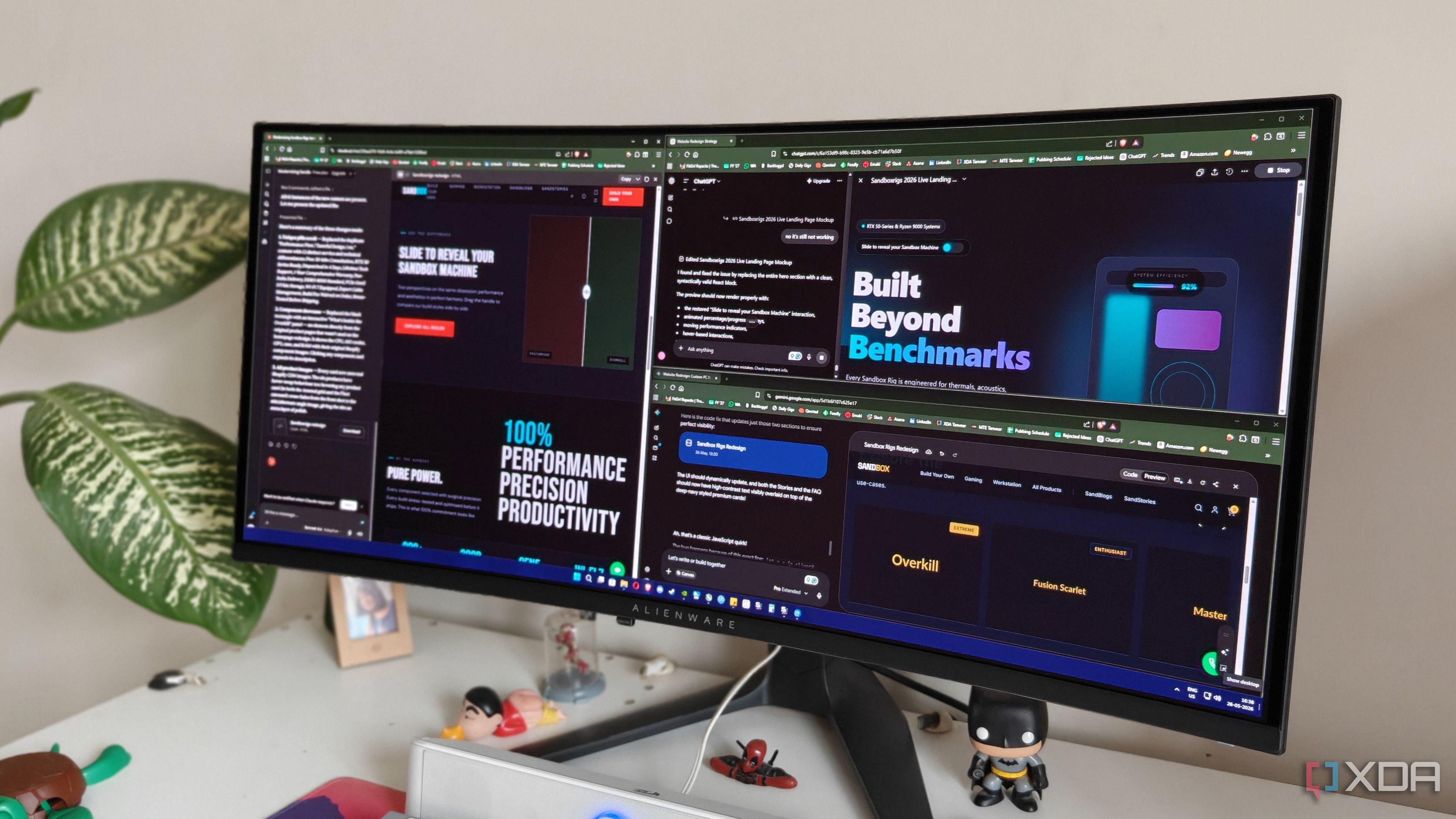 An ultrawide monitor on a white desk showing Claude, Gemini, and ChatGPT windows