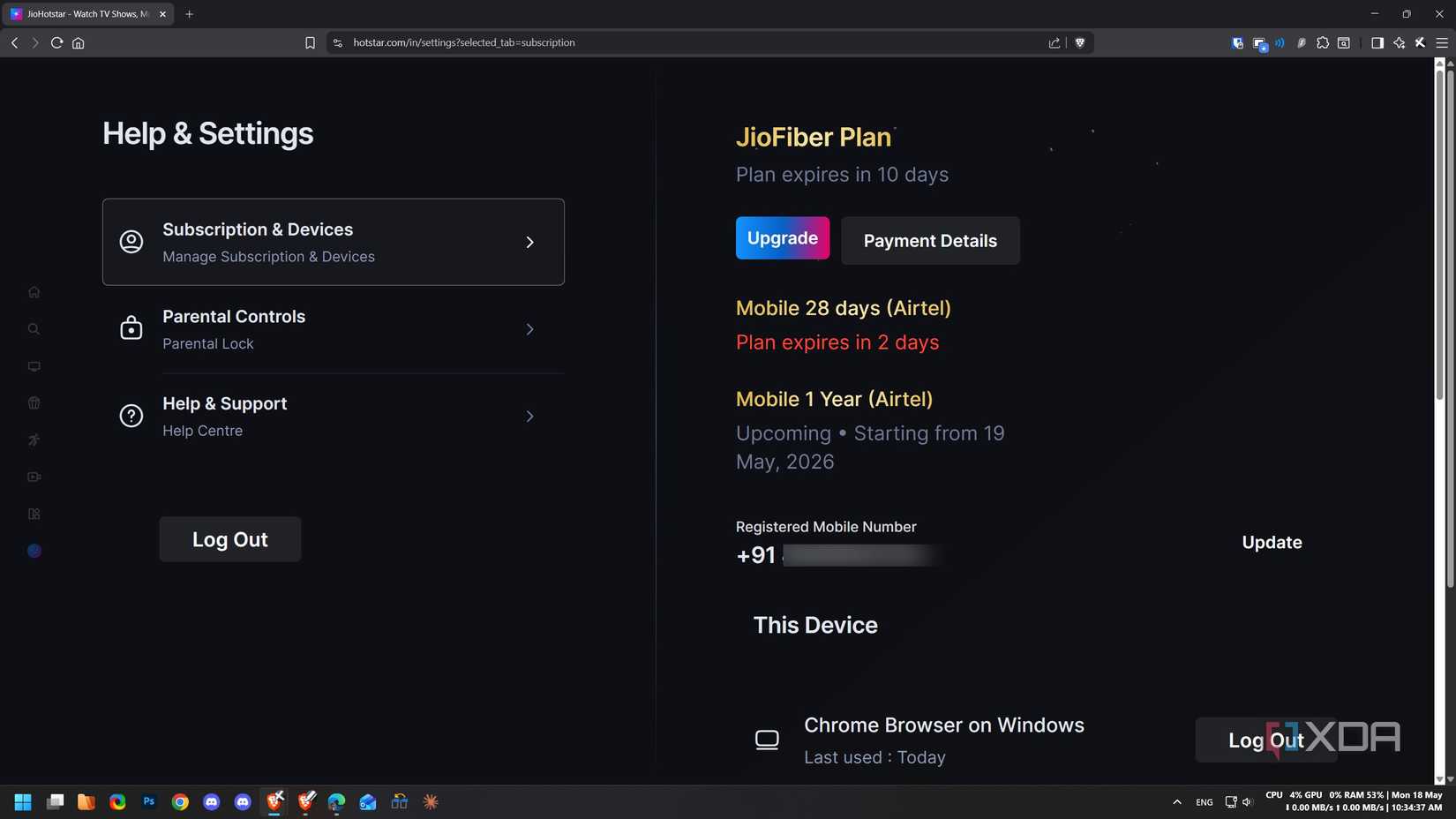 JioHotstar help and setup page showing active JioFiber plan and 1 year Airtel Mobile plan starting May 19, 2026