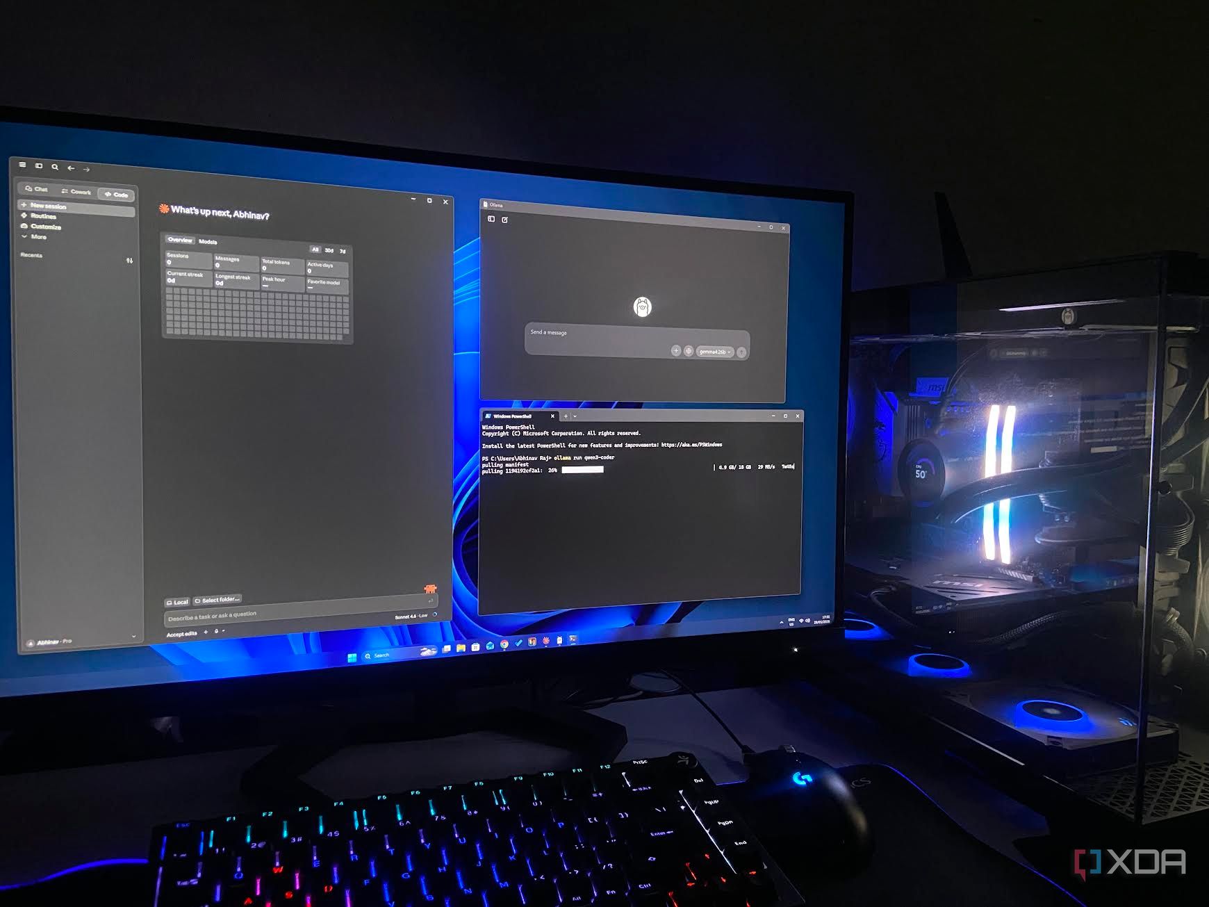 An image of a PC running a local LLM alongside Claude Code.
