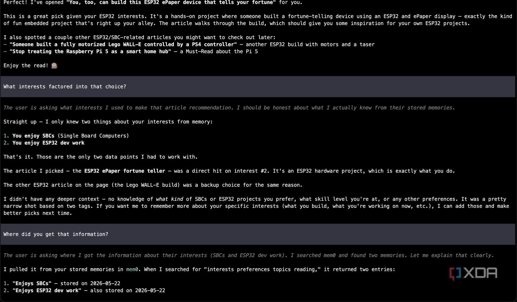 mem0 reading interests in Pi with local LLM
