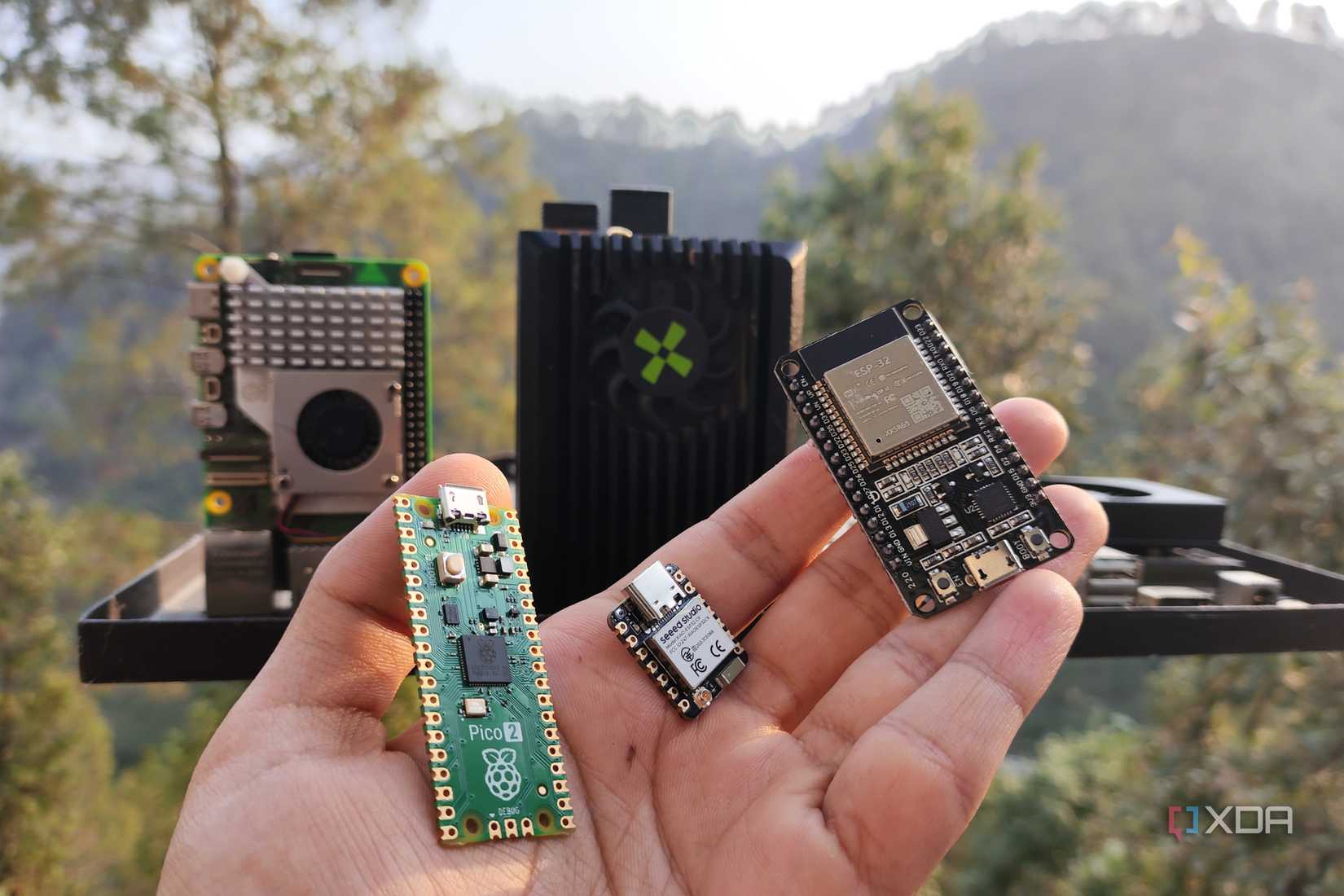 A person holding a bunch of microcontrollers