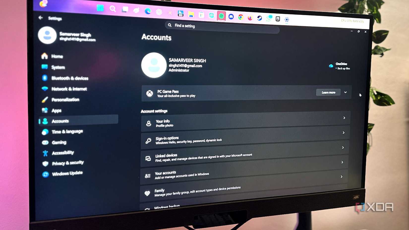 Microsoft account settings in Windows 11.