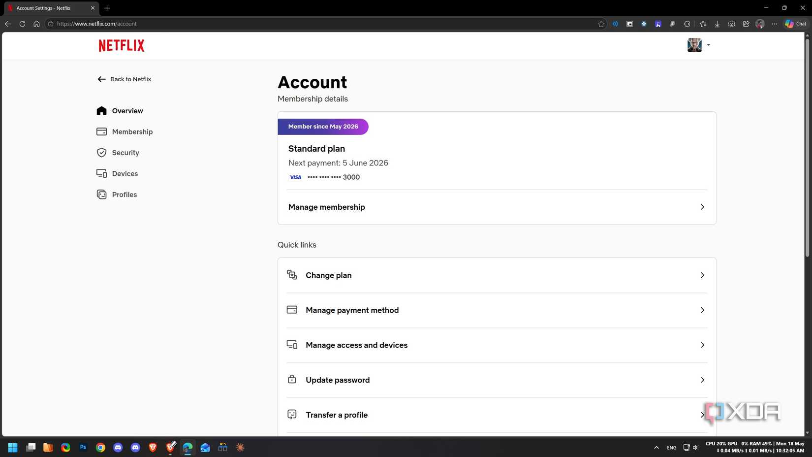 Netflix account page showing an active Standard plan membership since May 2026 and the next payment is due on June 5, 2026.