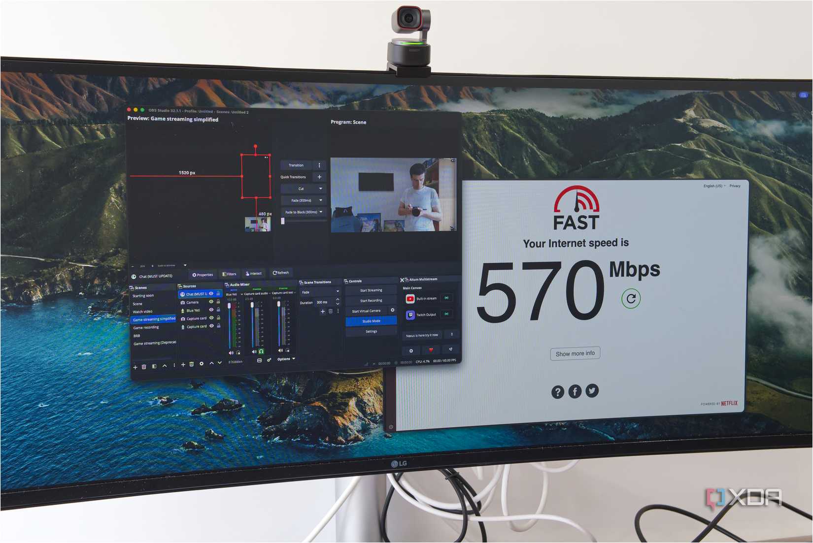 A computer monitor showing OBS and a speed test running on macOS
