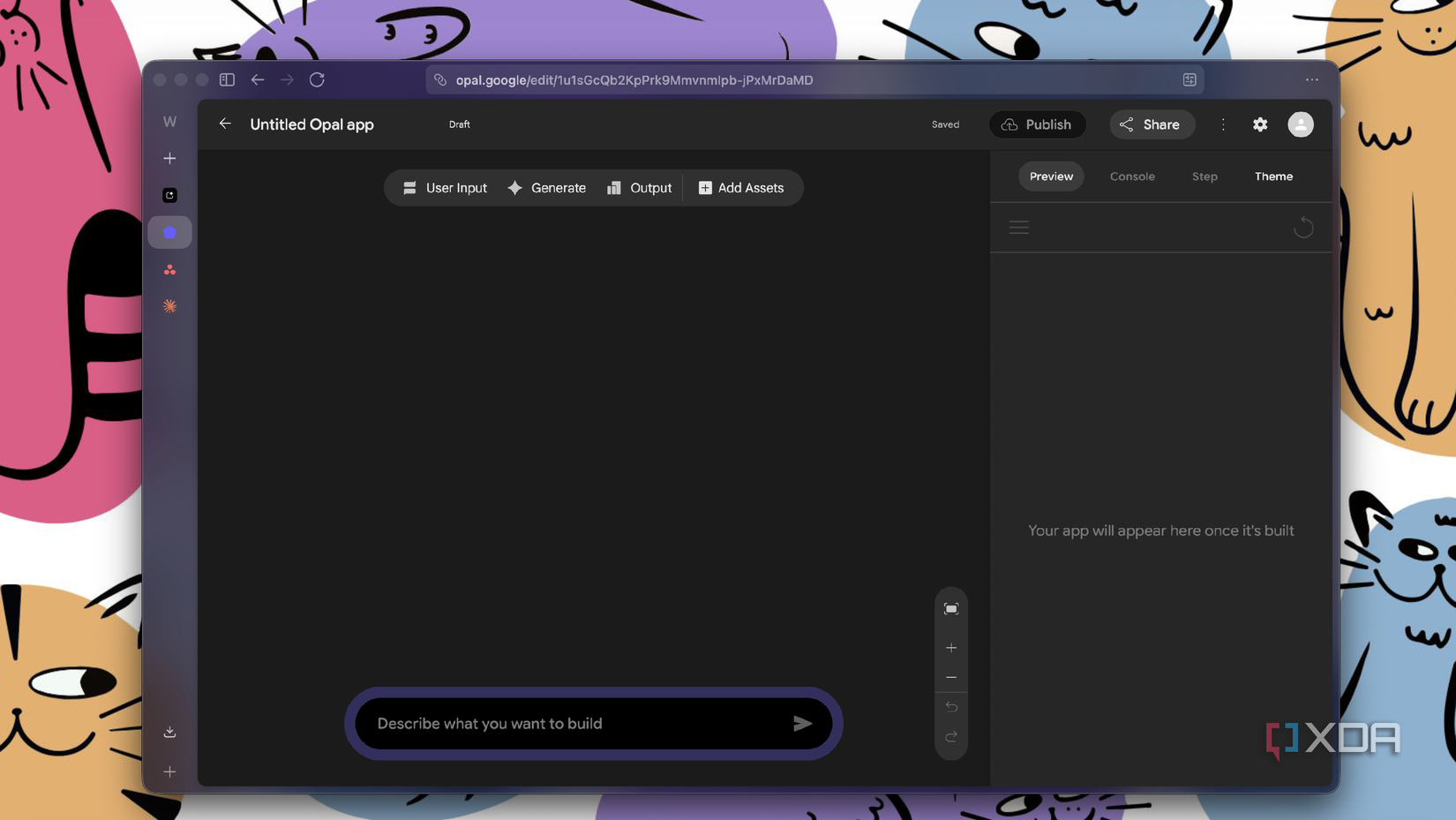 opal app builder interface with dark theme and colorful cartoon characters in background