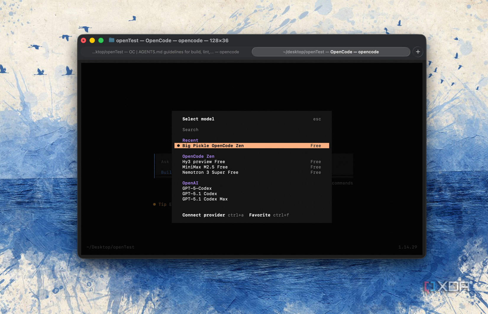 opencode model selection menu displayed in terminal window on mac computer