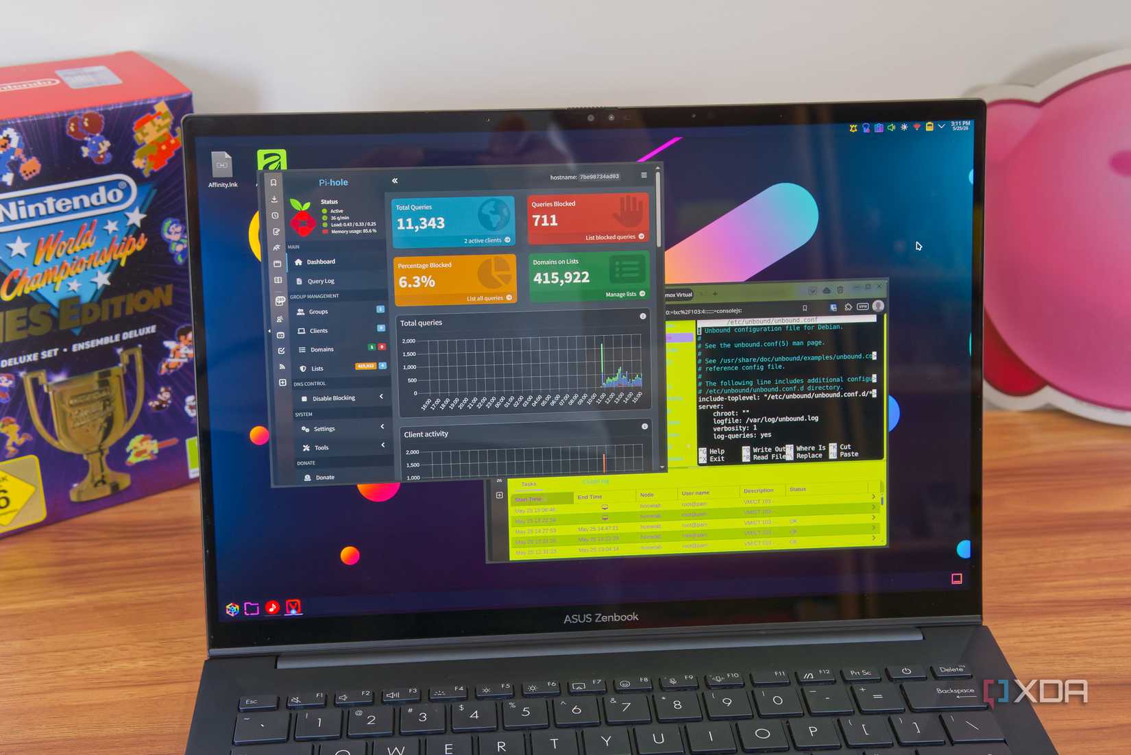 A laptop showing a Pi-hole dashboard and a Proxmox LXC running Unbound