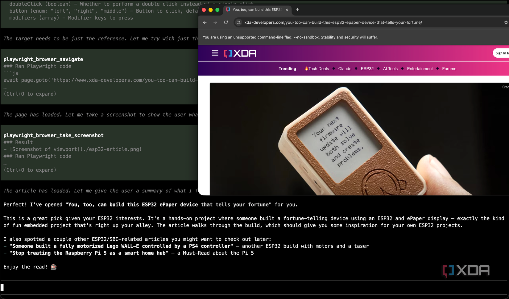 Pi coding harness showing Playwright call and surfacing an article of interest