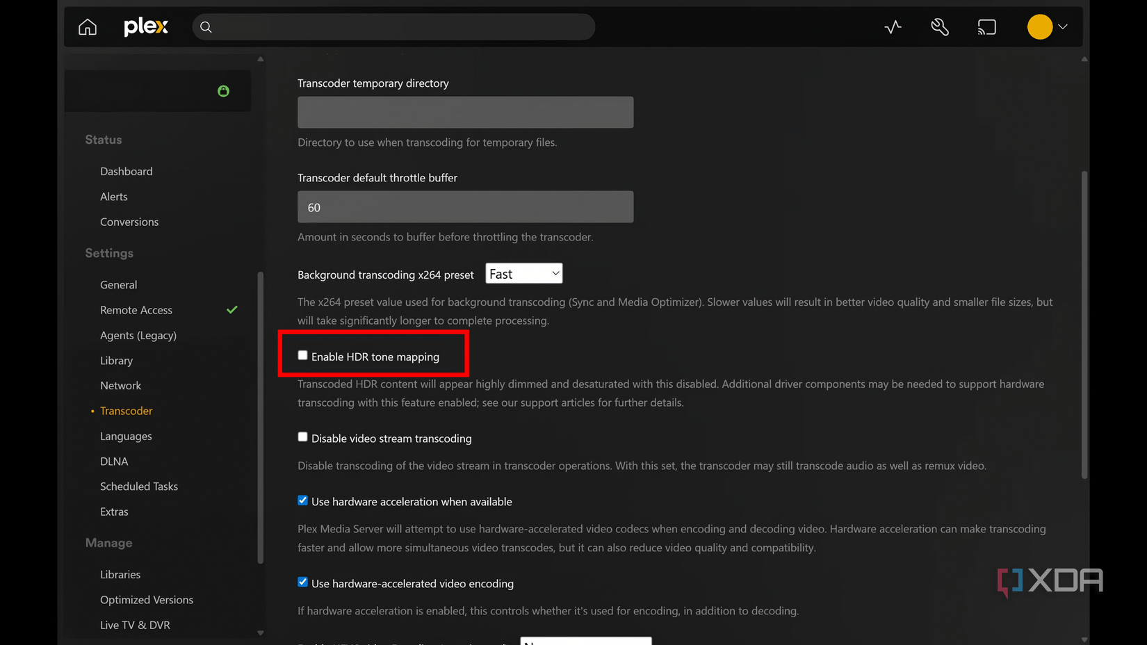 HDR tone mapping inside Plex settings.